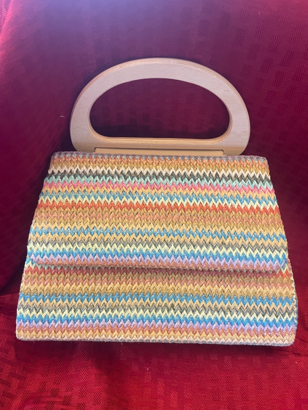 Multicolor Woven Straw Clutch with Wooden Handle